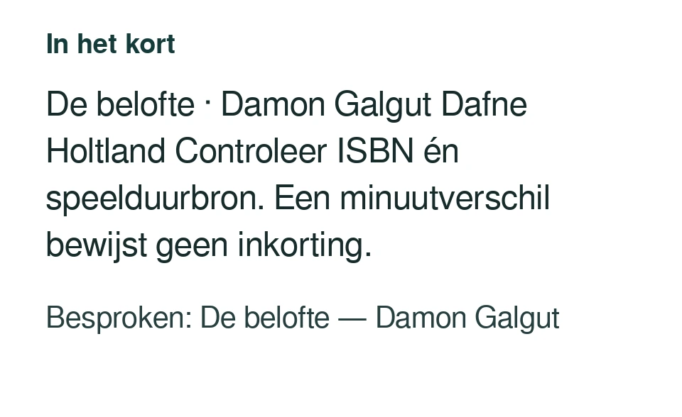 De belofte · Damon Galgut Dafne Holtland Controleer ISBN én speelduurbron. Een minuutverschil bewijst geen inkorting. Besproken: De belofte — Damon Galgut.