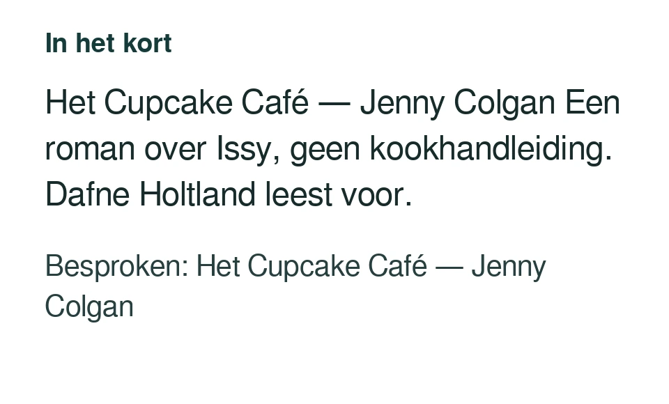 Het Cupcake Café — Jenny Colgan Een roman over Issy, geen kookhandleiding. Dafne Holtland leest voor. Besproken: Het Cupcake Café — Jenny Colgan.